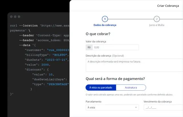 Imagem com a interface do Asaas e alguns códigos da API Asaas.