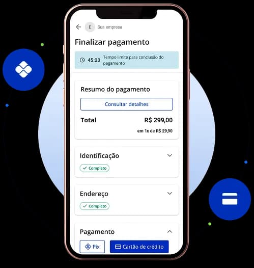 Interface do Asaas Checkout sendo exibida em um celular. Ela contém o tempo limite para conclusão do pagamento, um resumo do pagamento, identificação do cliente, endereço e forma de pagamento.