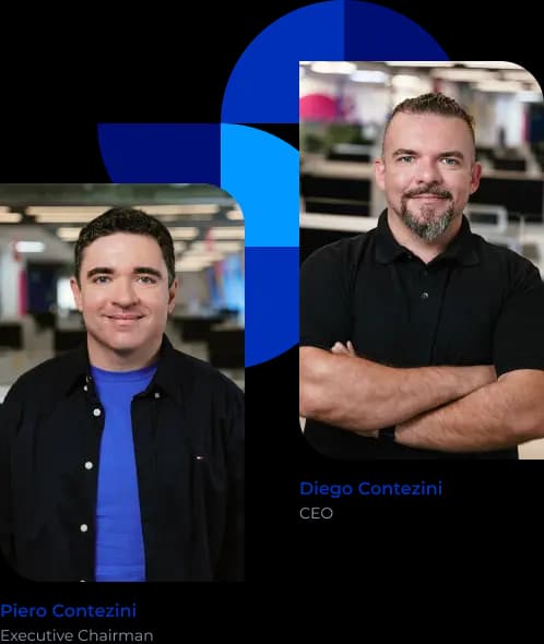 Colagem apresentando os fundadores do Asaas: Piero Contezini, Executive Chairman, e Diego Contezini, CEO.