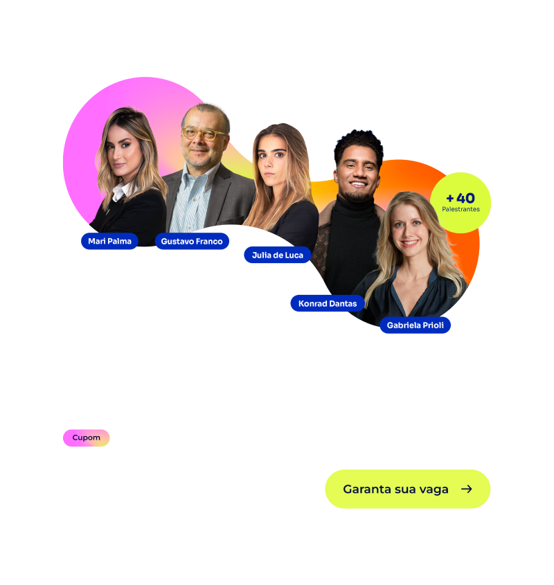 Montagem com a foto da Host Mari Palma e dos palestrantes Gustavo Franco, Julia de Luca, Konrad Dantas e Gabriela Prioli. Logotipo Asaas Connect e Cupom: CLIENTE20